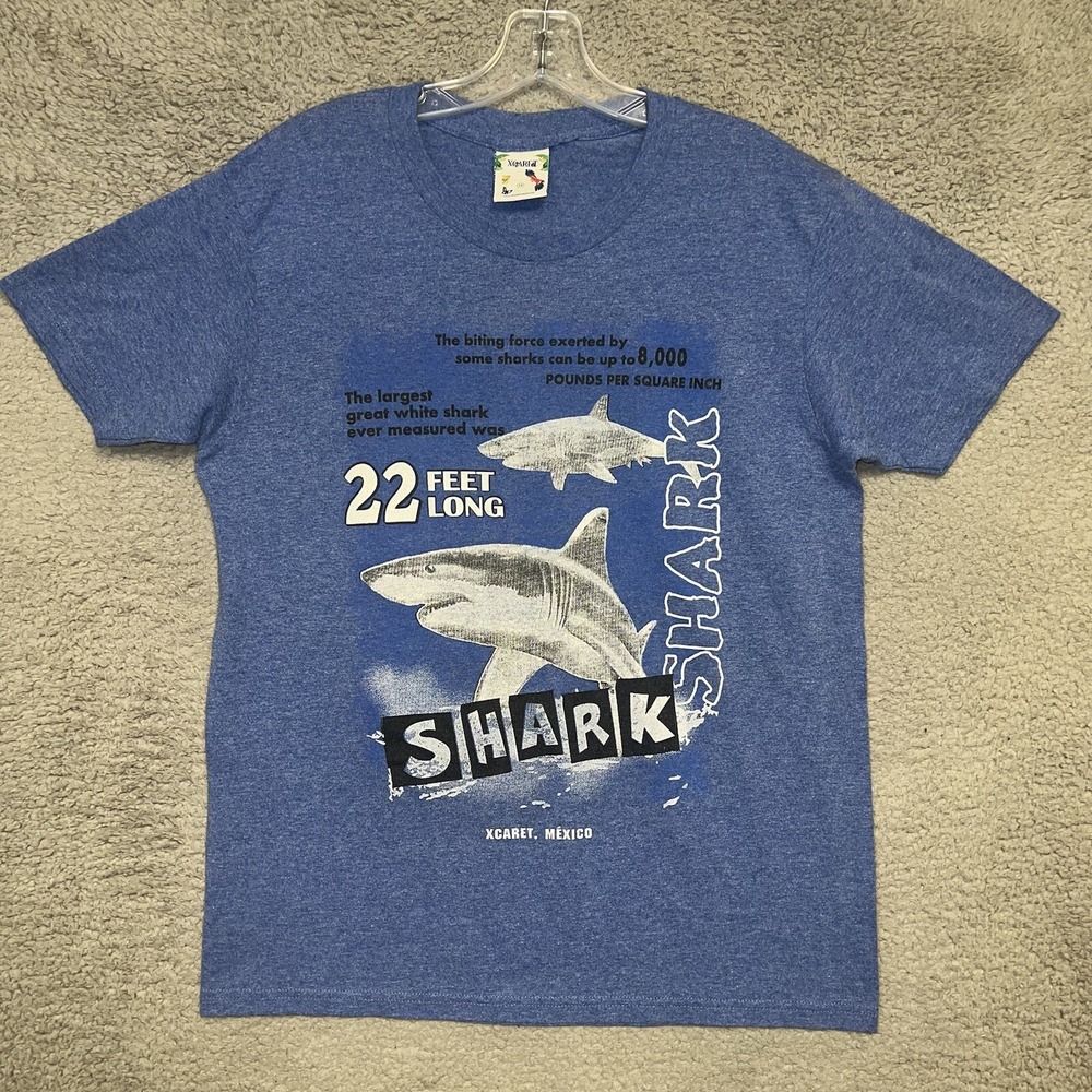 VTG Xcaret Mexico Shark T Shirt Men's Size M Heather Blue 22 Feet Long Tee